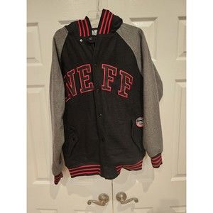 Neff Men's Button Up Varsity Jacket in Black, Red and Grey - Small